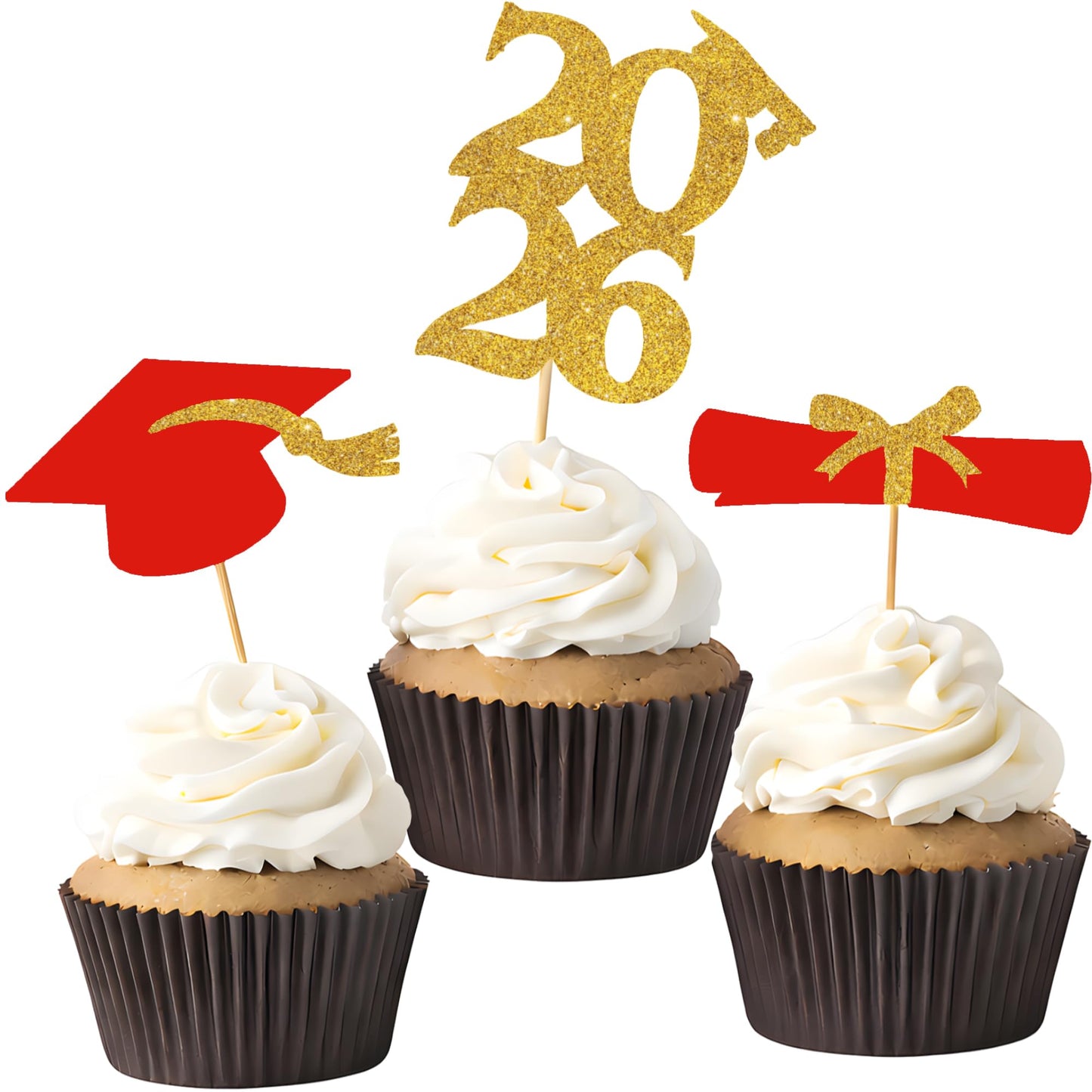 OHOME Graduation Decorations 2026-36 PCS Graduation Cupcake Toppers - 2026 Graduation Party Decorations - Mini Cake Decorations for Class of 2026,Diploma, 2026, Grad Cap Set (Red)