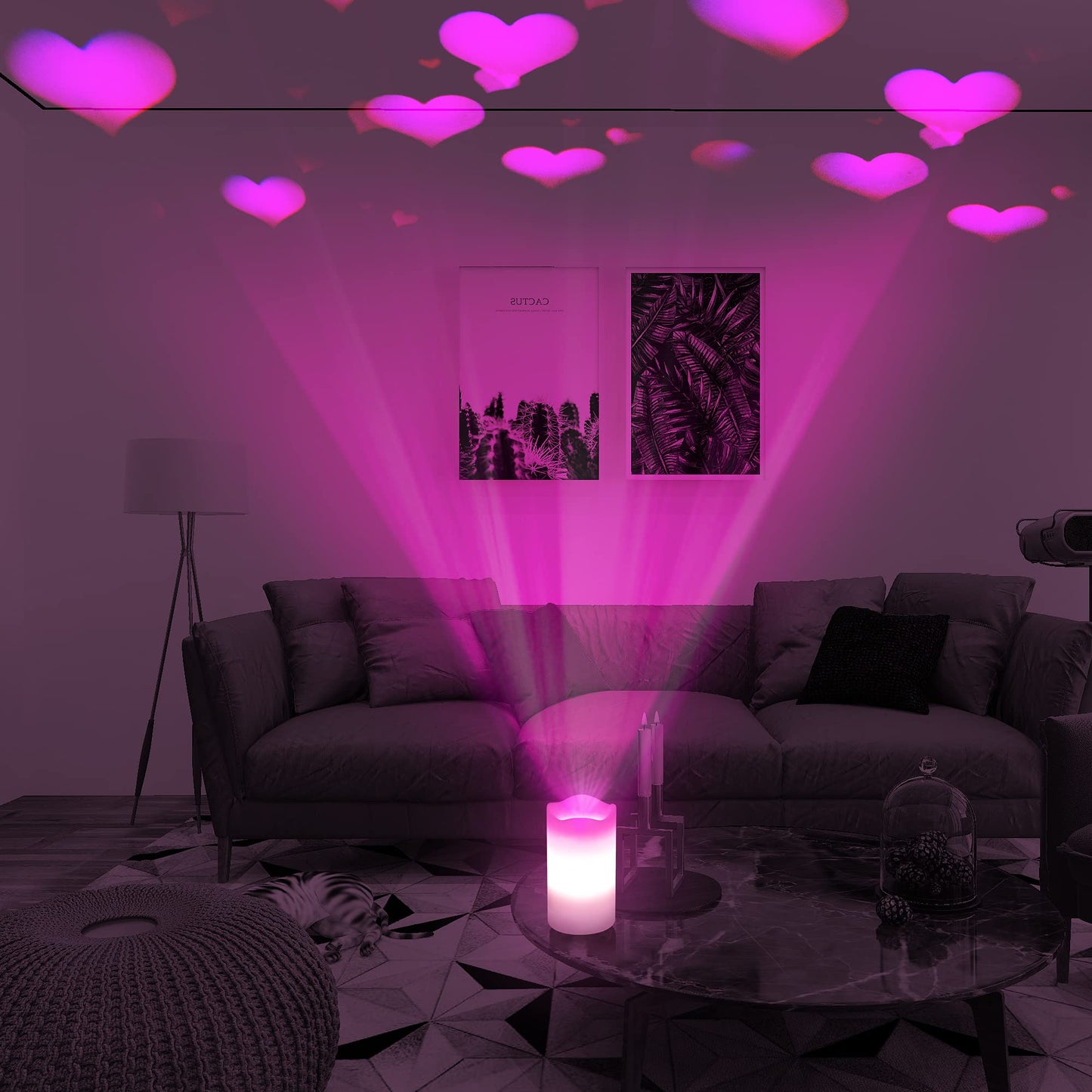 XingsLight Valentines Day Flameless Candles Romantic Pink Heart Projector Lights Battery Operated Night Light with Remote and Timer, LED Candle Home Decorations