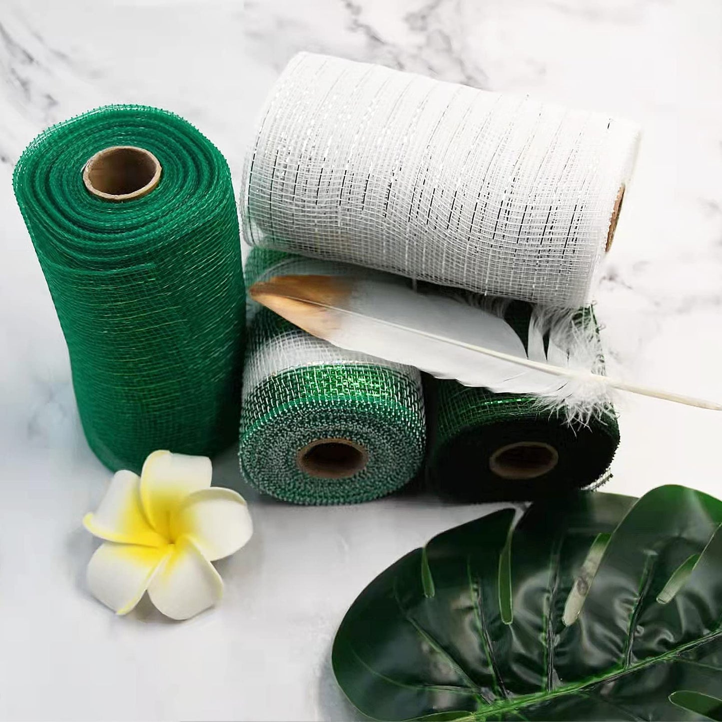 St. Patrick's Day Mesh Ribbon Deco,White Green Dark Green Border Striped Deco Mesh Wire Ribbon Metallic Foil Rolls for DIY St. Patrick's Decorations Wrapping Craft, 4 Rolls(6 inch Wide)