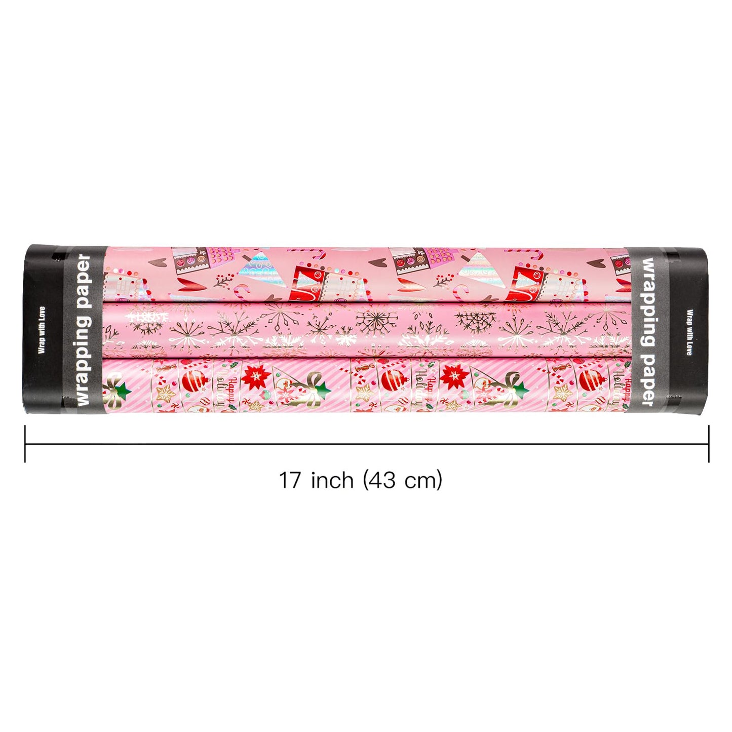 Christmas Wrapping Paper Roll - Mini Roll - 3 Rolls - 17 Inch X 120 Inch Per Roll - Pink Christmas tree, House, Snowflake Holiday Collection