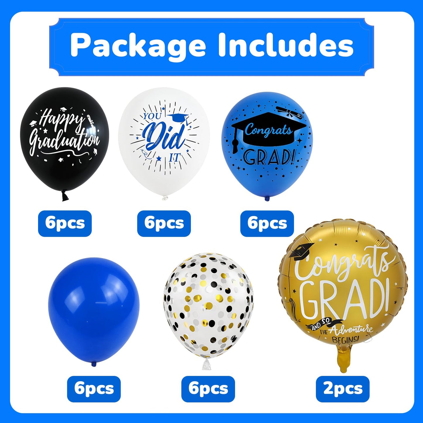 HILAVO Blue and Black Graduation Balloons 2026 Graduation Decoration 18 In Grad Foil Balloon Royal Navy Blue Black White Print Balloon for Class of 2026 Congrats Grad Party Decor College High School