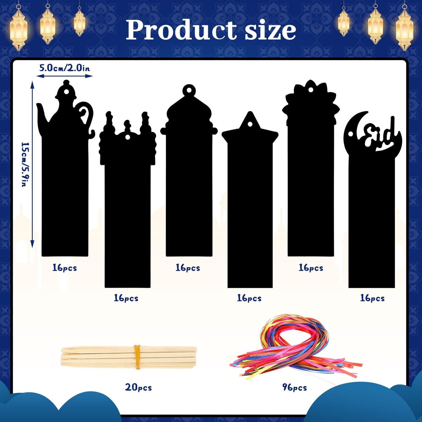 96Pcs Ramadan Crafts for Kids, Magic Rainbow Scratch Art Eid Bookmarks for Kids Ramadan Gifts Eid Activities for Kids Ramadan Arts and Crafts Eid Party Favors Hanging Ornaments