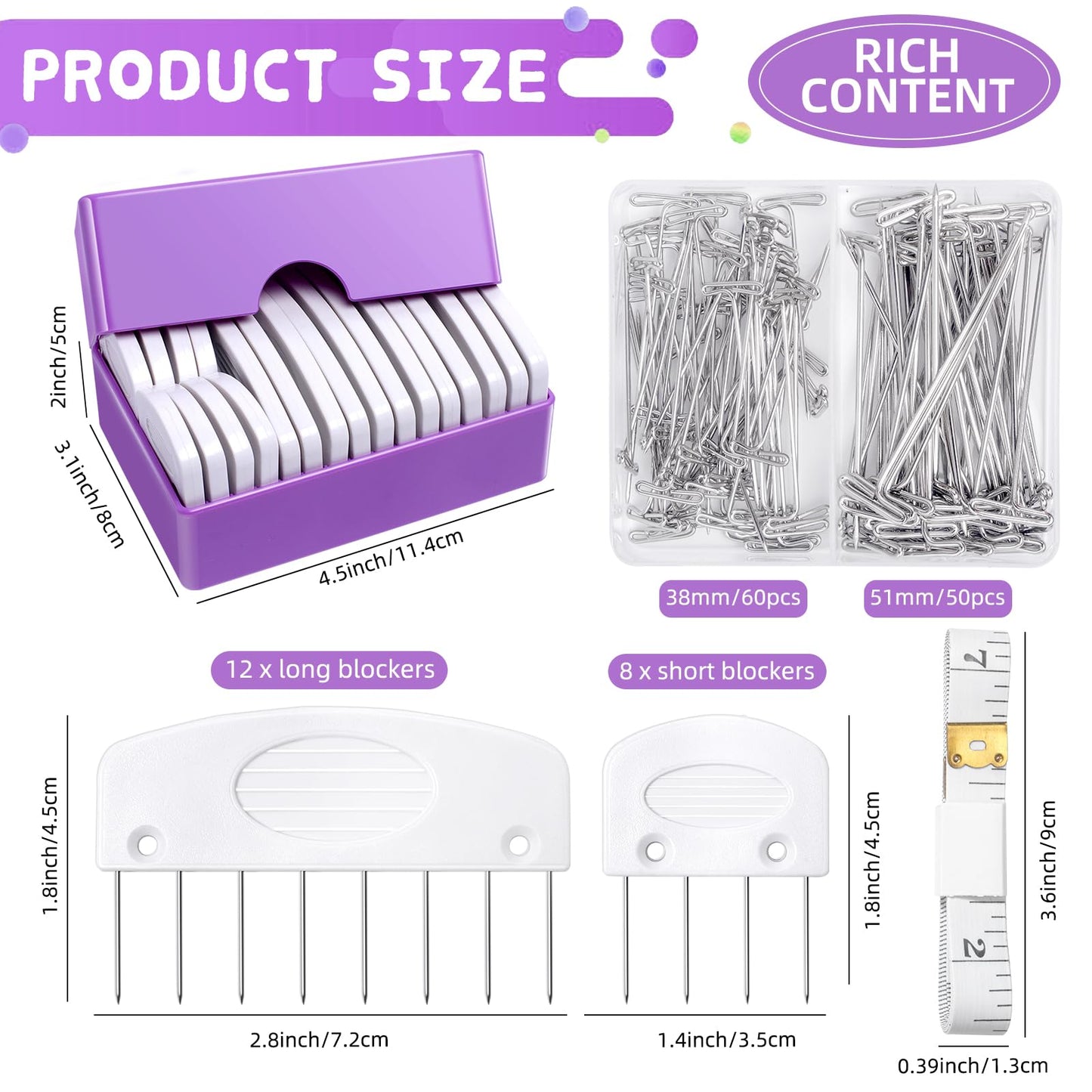130 Pcs Knit Blockers Kits, Blocking Knit Combs Pins Set for Knitting, Knitting Tools Knitter Crochet, with Flexible Tape Measure Ruler, Silver T-Pins for Sewing Lace or Needlework Projects Device