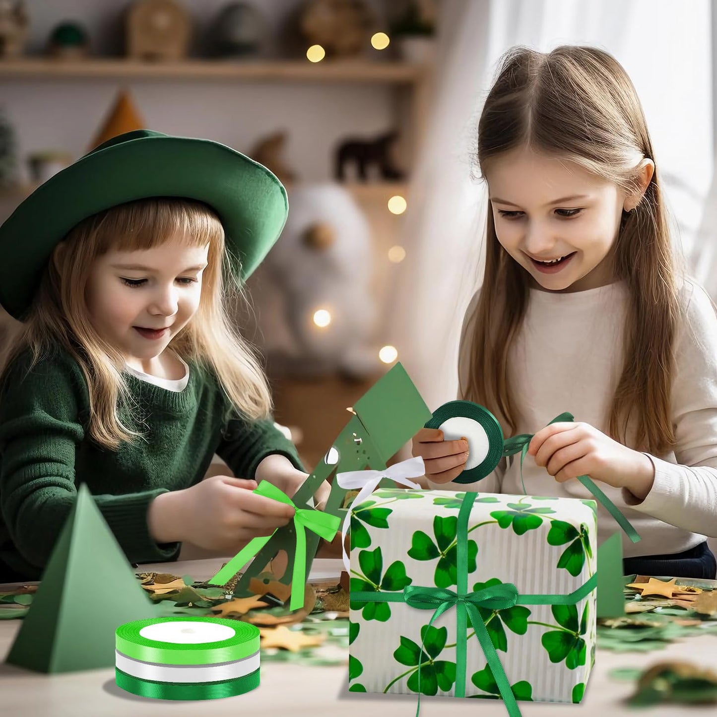 St. Patrick's Day Ribbons, 4 Rolls 100 Yards St. Patrick's Day Ribbons 10mm Wide Green Satin Ribbons for Gift Wrapping and Craft Decoration, White & Green
