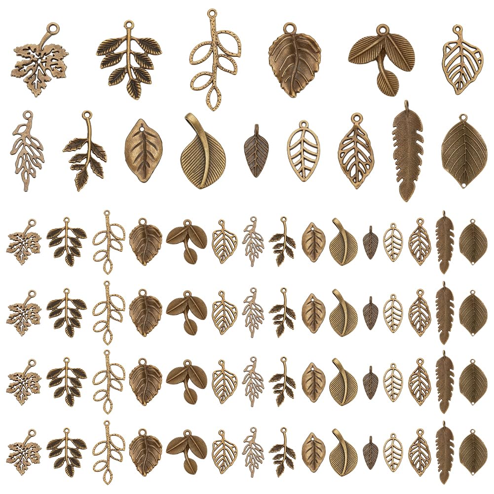 150pcs 15 Styles Tree Leaf Charms Pendants, Tibetan Branch Leaves Charms Metal Alloy Leaf Beads Antique Bronze Dangle Charm for Spring Earring Bracelet Necklace Kaychain Jewelry Making