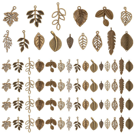 150pcs 15 Styles Tree Leaf Charms Pendants, Tibetan Branch Leaves Charms Metal Alloy Leaf Beads Antique Bronze Dangle Charm for Spring Earring Bracelet Necklace Kaychain Jewelry Making