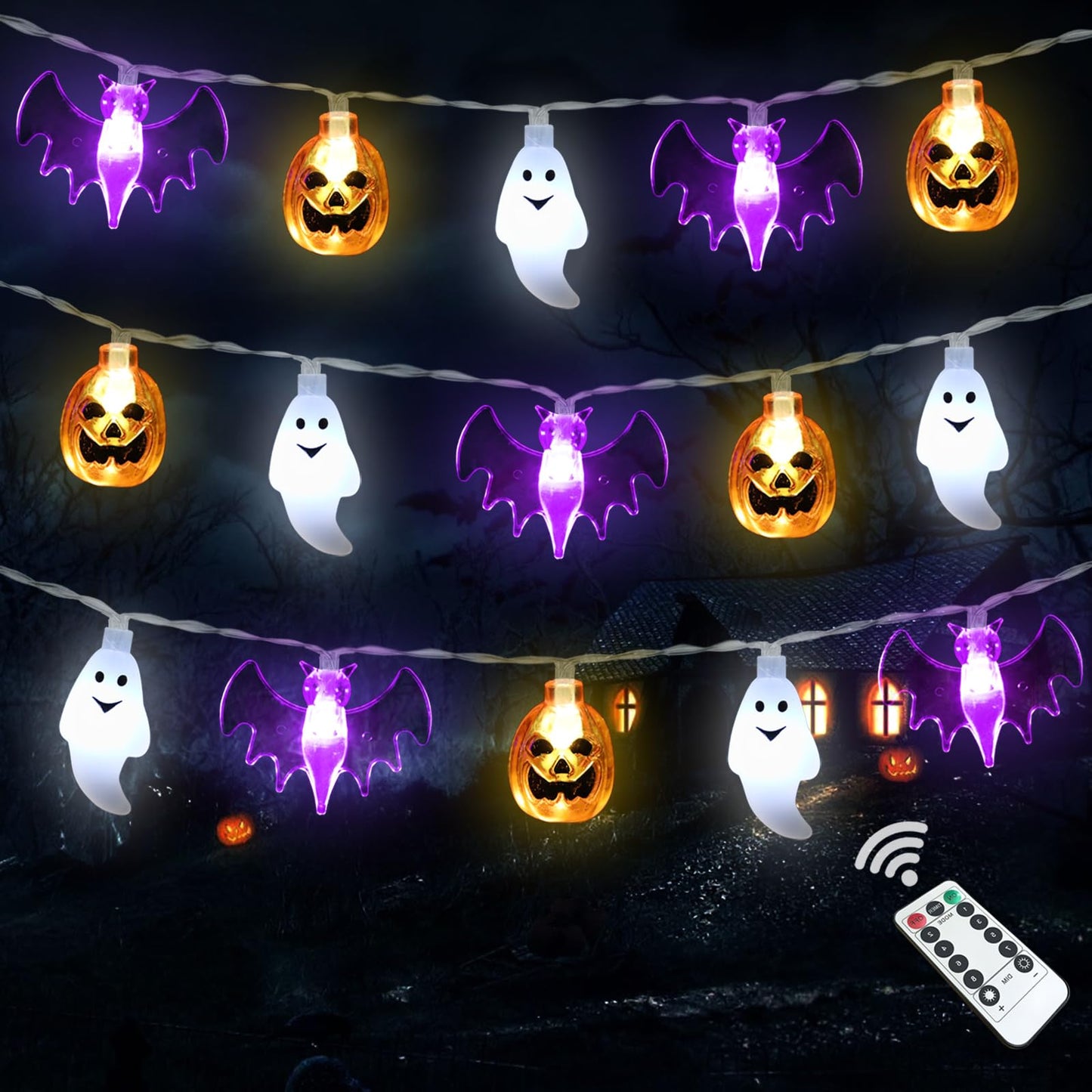Halloween Lights, 16FT 30 LED Waterproof 3D Pumpkin Bat Ghost Battery Operated String Lights with Timer - 8 Lighting Modes Fairy Light for Window Indoor Outdoor Decor Halloween Party Decorations