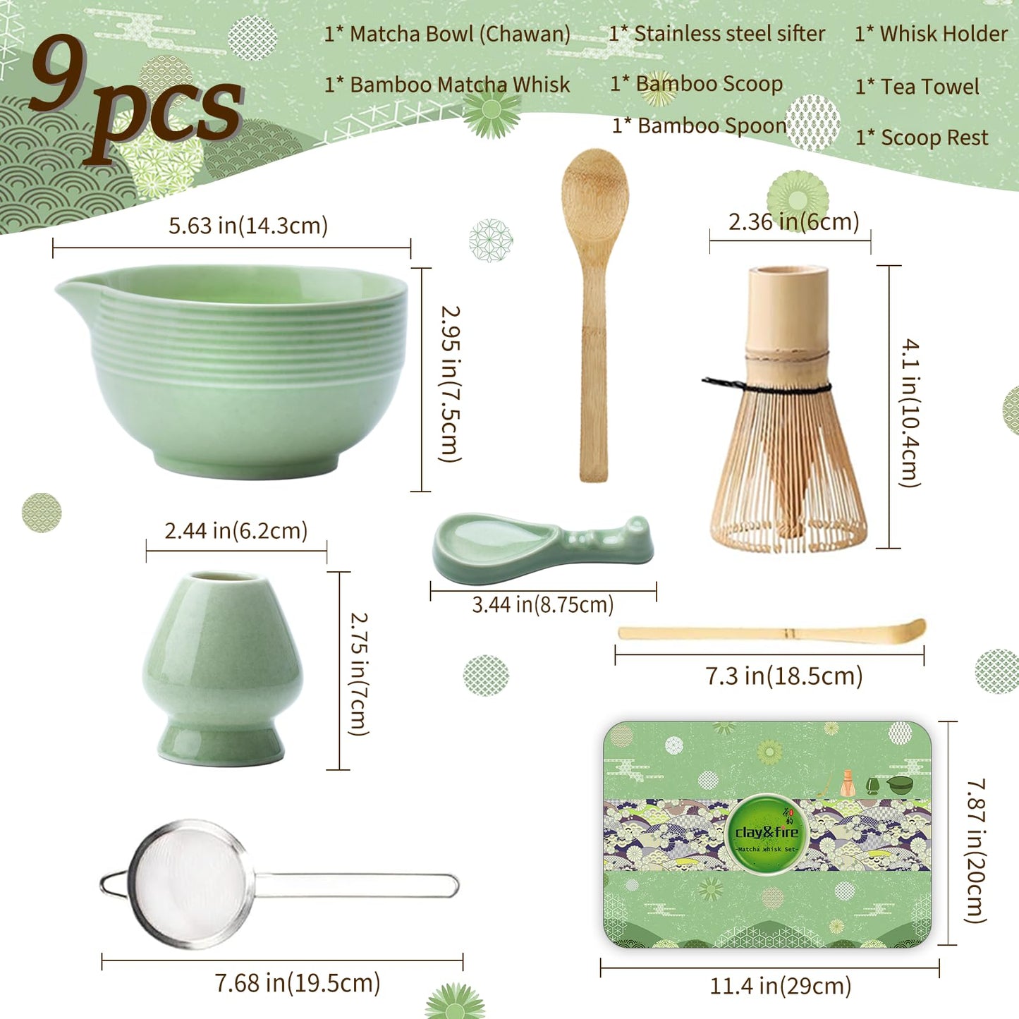Matcha Whisk Set, Ceramic Matcha Set, Matcha Bowl with Spout and Whisk, 9 pcs Matcha Tea Kit for Matcha Lovers, Ideal Gift Christmas, Birthday (Green)