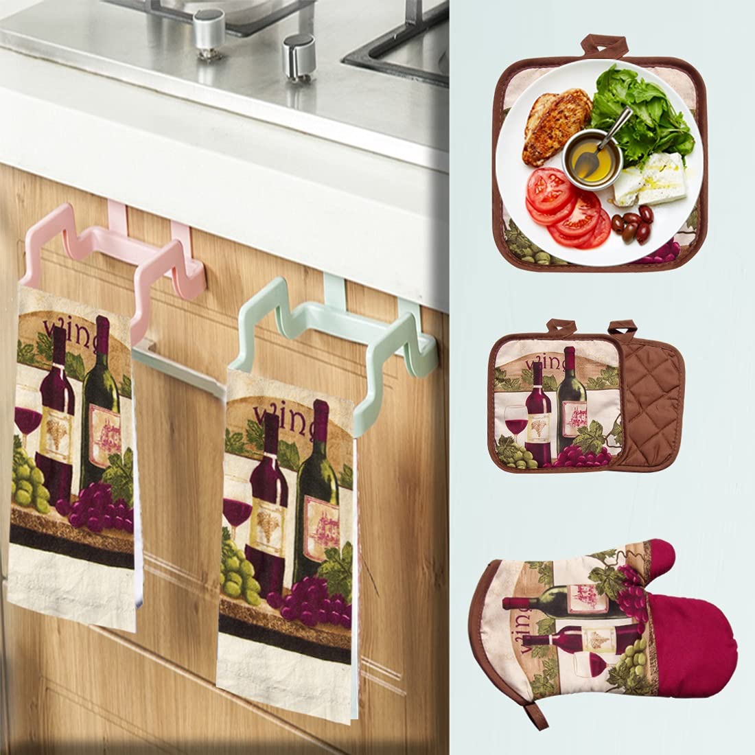 Lobyn Value Packs - Wine Lover’s Kitchen Set: 5 Pieces with Grape & Wine Bottle Motif, includes 2 Artistic Dish Towels, Oven Mitt, and 2 Quilted Potholders