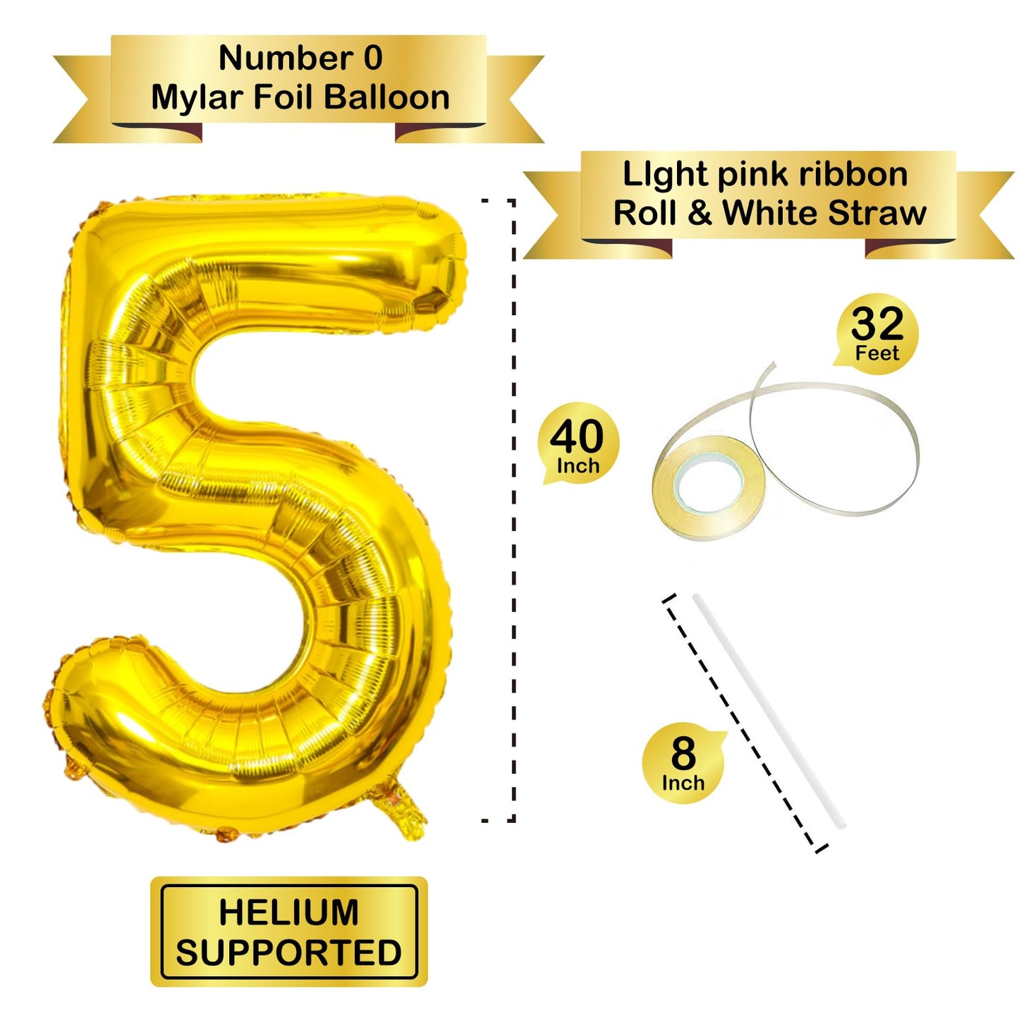 40 Inch Gold Number Balloons, Helium Mylar Foil Number Balloons for Birthday, Number 5 Balloon for 5st Birthday Decorations for Kids, Anniversary Party Decorations Supplies