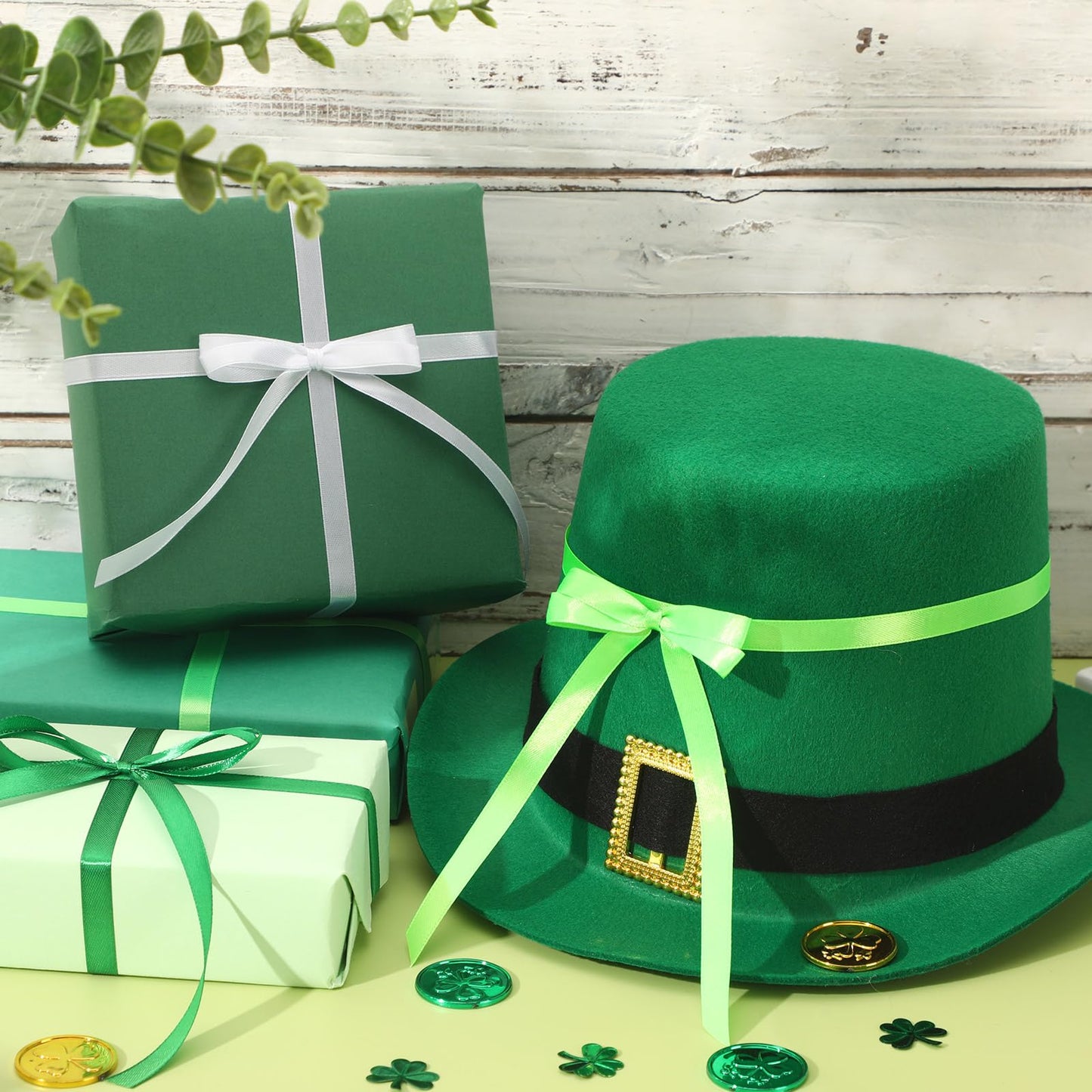 St. Patrick's Day Ribbons, 4 Rolls 100 Yards St. Patrick's Day Ribbons 10mm Wide Green Satin Ribbons for Gift Wrapping and Craft Decoration, White & Green