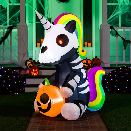 5 FT Halloween Inflatables Skeleton Decor Outdoor, Blow Up Decorations Sitting Skeleton Unicorn with LEDs for Halloween Decorations Outside, Yard Decor