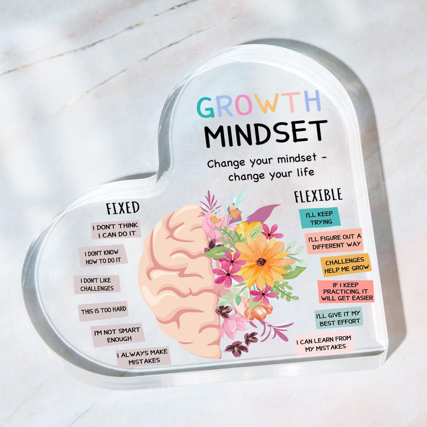 Growth Mindset Decor, Mental Health Therapy Office School Art Educational Challenging Thoughts Affirmation Decorations Positive Sayings Inspirational Gifts Acrylic Heart Inspirational Gift for Teacher