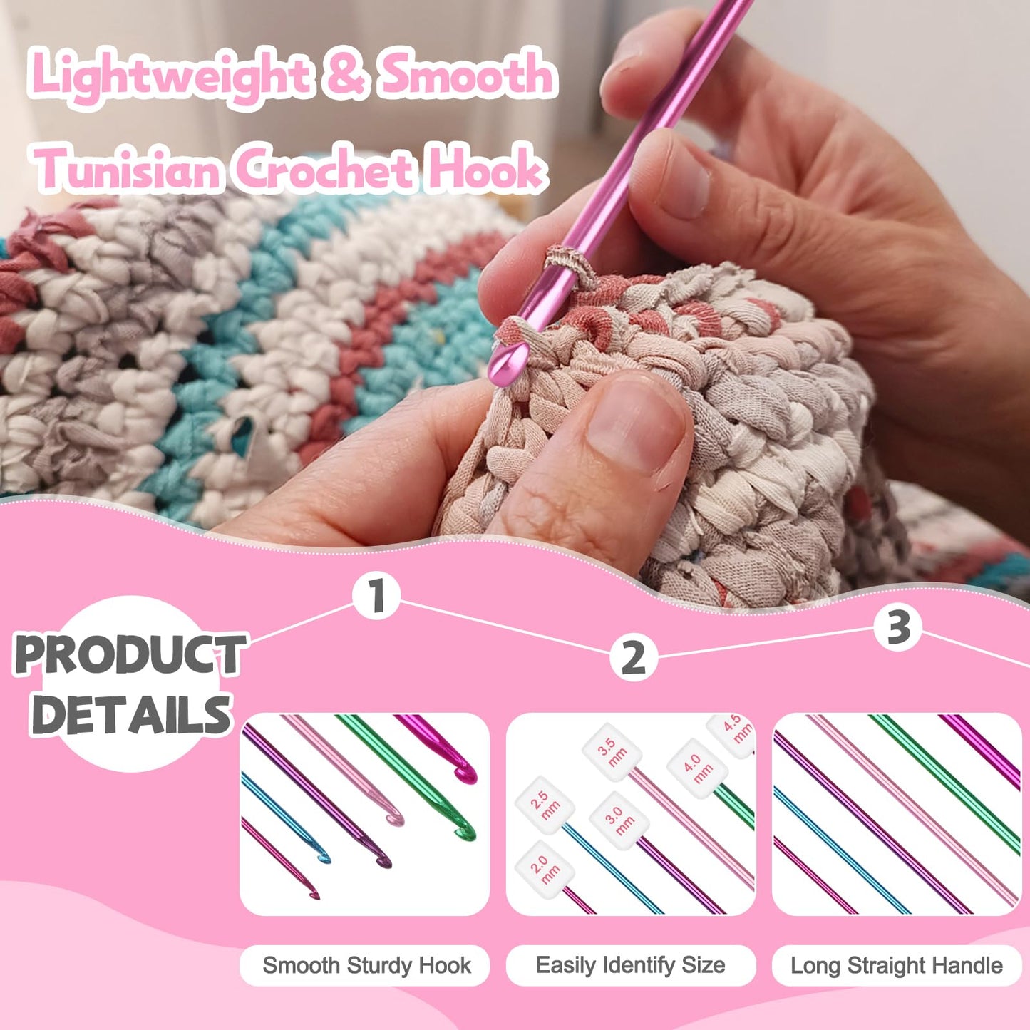 Katech 6 Sizes Tunisian Crochet Hooks Set-Long Afghan Tunisian Crochet Hooks-Beginners Crochet Hook Set Aluminum Crochet Needles for Crocheting Knitting Crochet Supplies (Stitches Won't Slip Off)