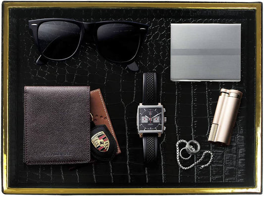 HofferRuffer Faux Leather Vanity Tray, Elegant Desktop Storage Organizer, Decorative Catchall Perfume Tray, Bathroom Valet Tray, Nightstand or Dresser Organizer (Black Croco)