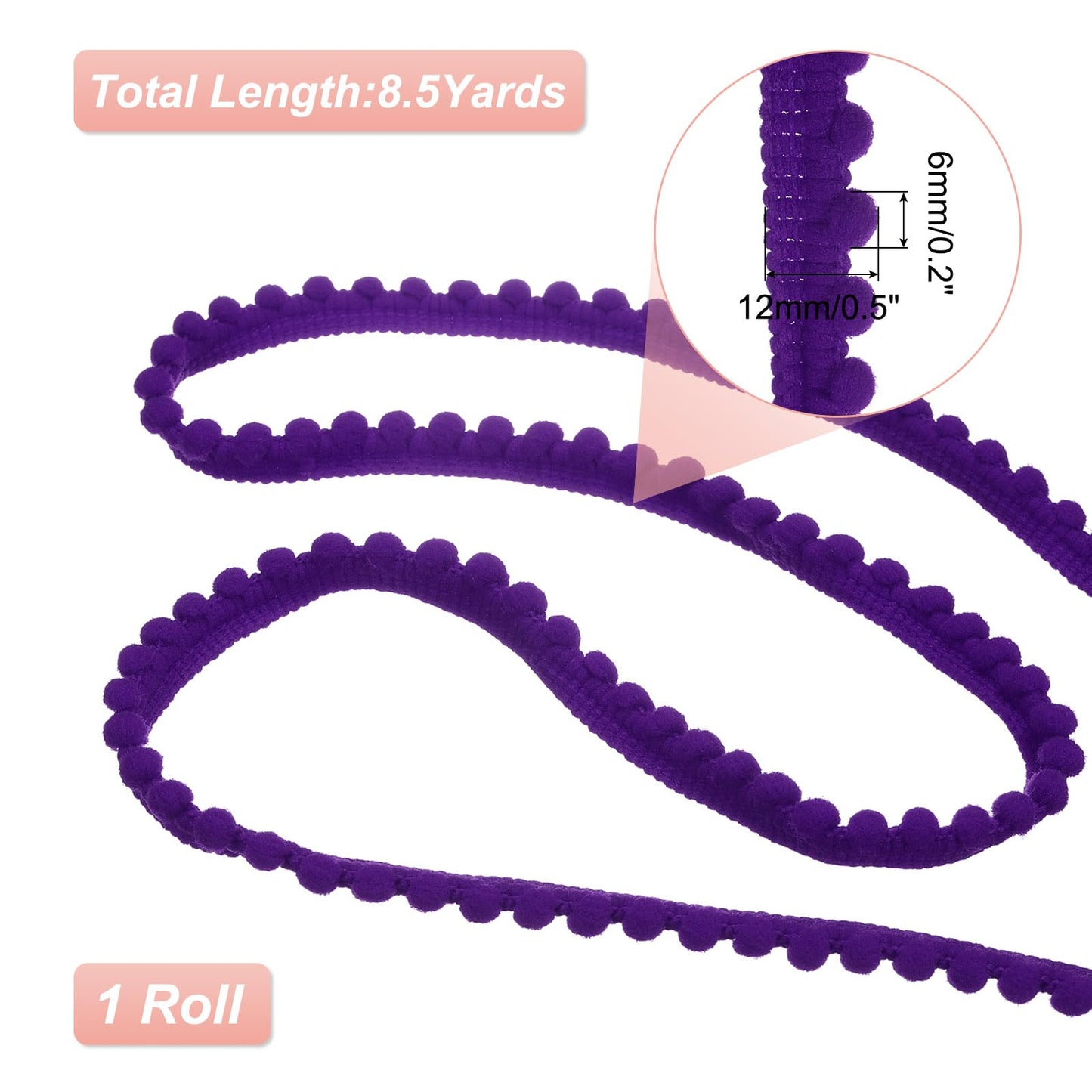 8.5 Yards Pom Trim Ribbon, 0.5" Wide Deep Purple Pom Ball Fringe Trim Sewing Fringe Fabric Trim Ribbon for DIY Crafts Curtain Clothes Pillow Home Decoration
