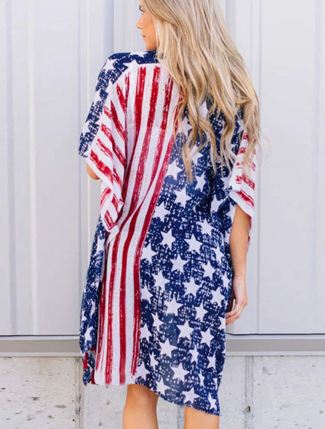 Askwind 4th of July Women's American Flag Print Kimono Cover Up Tops Shirt (A2)