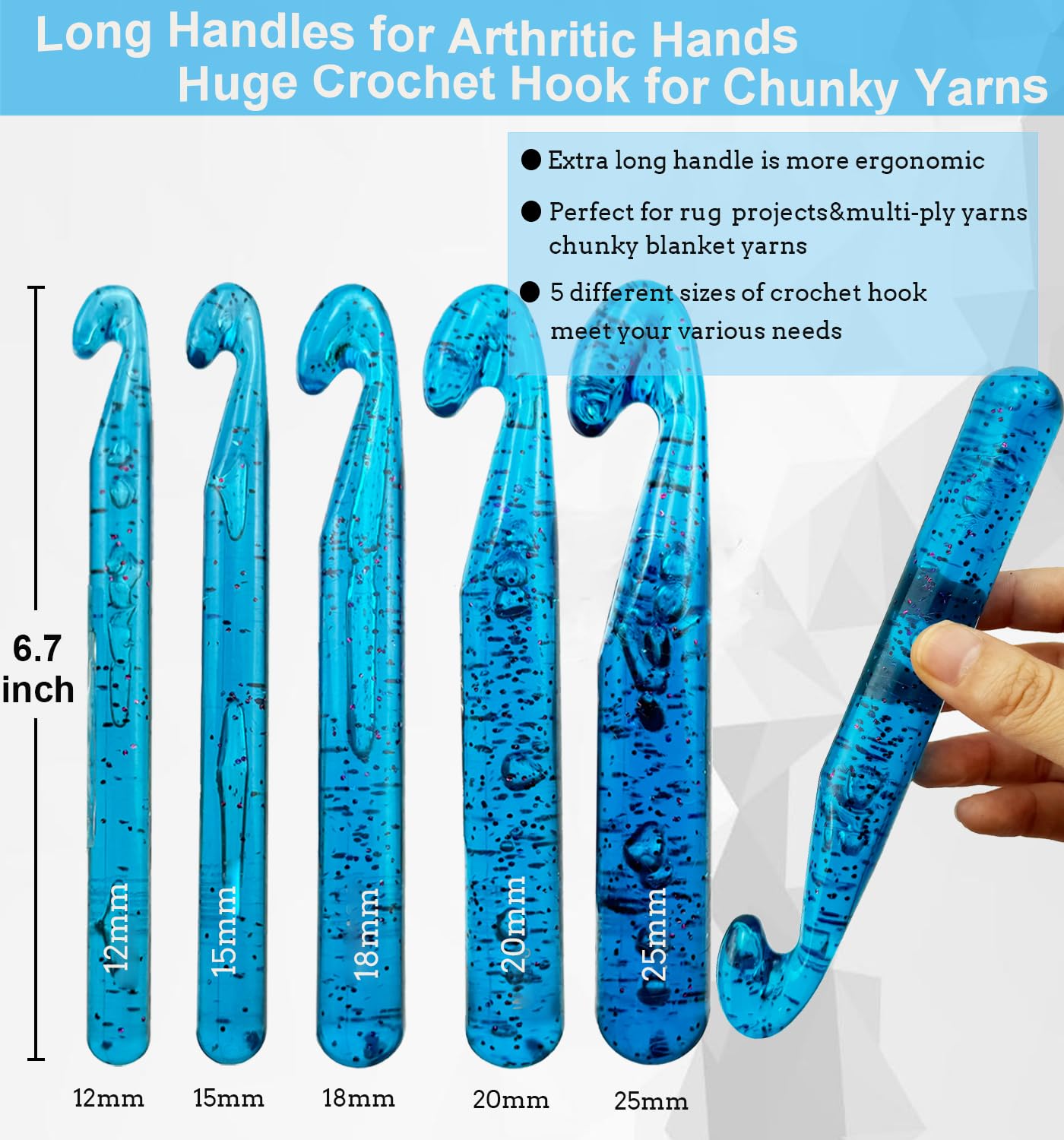 Weabetfu 15mm Large Crochet Hook,Huge Crochet Hooks for Chunky Yarn,Ergonomic Knitting Giant Crochet Hooks,Big Crochet Hooks for Knitting Yarn Carpet Scarf Wool Roving, Blue