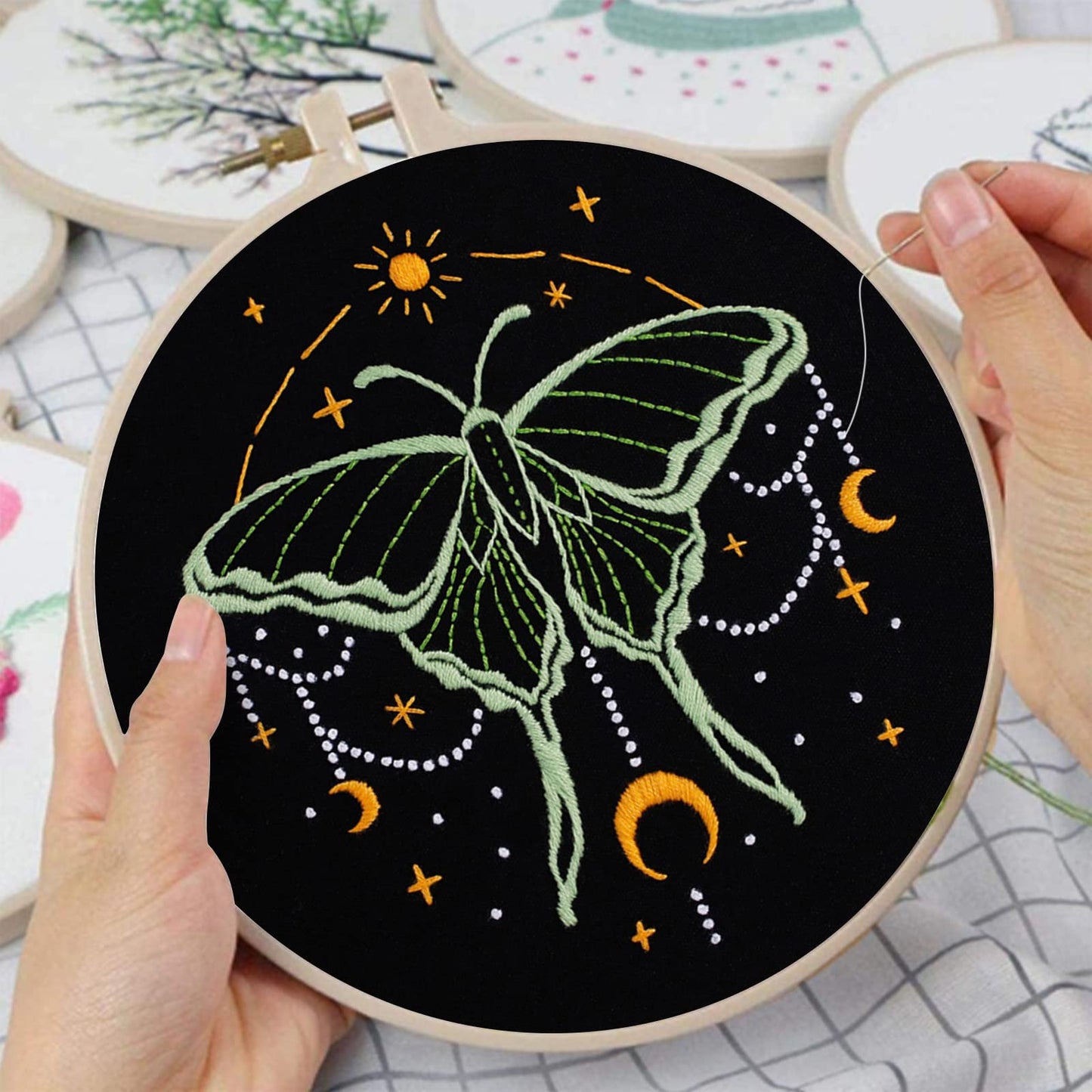 Louise Maelys 3 Set Tarot Embroidery Kits for Beginners with Moon Butterfly Dragonfly and Moth Pattern,Adults Starter Cross Stitch Kit DIY Needlepoint