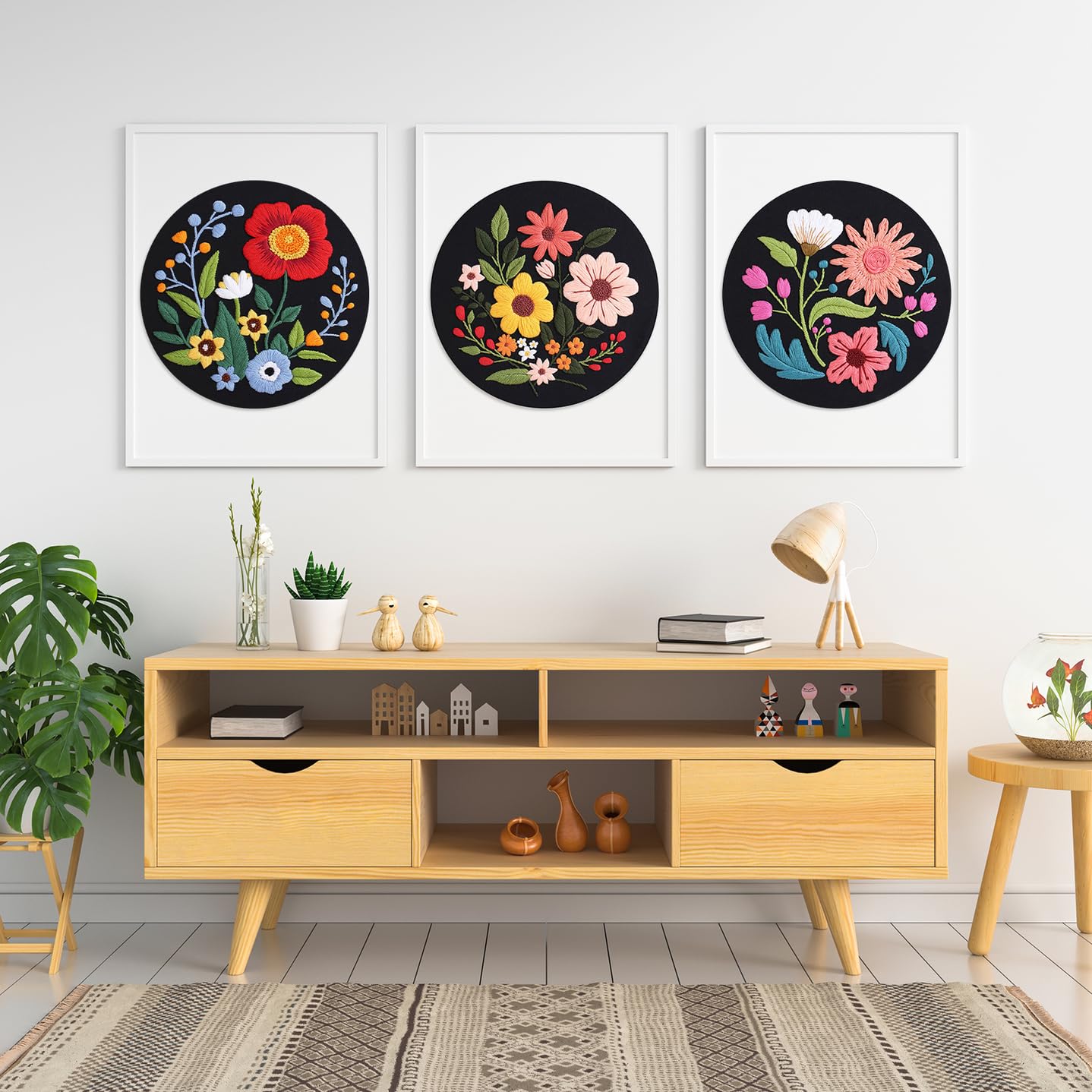 3 Sets Flowers Embroidery Kits for Beginners,Cross Stitch Kit for Adults,Crewel Starters Needlepoint with Floral Pattern,Hoop,Threads and Instruction