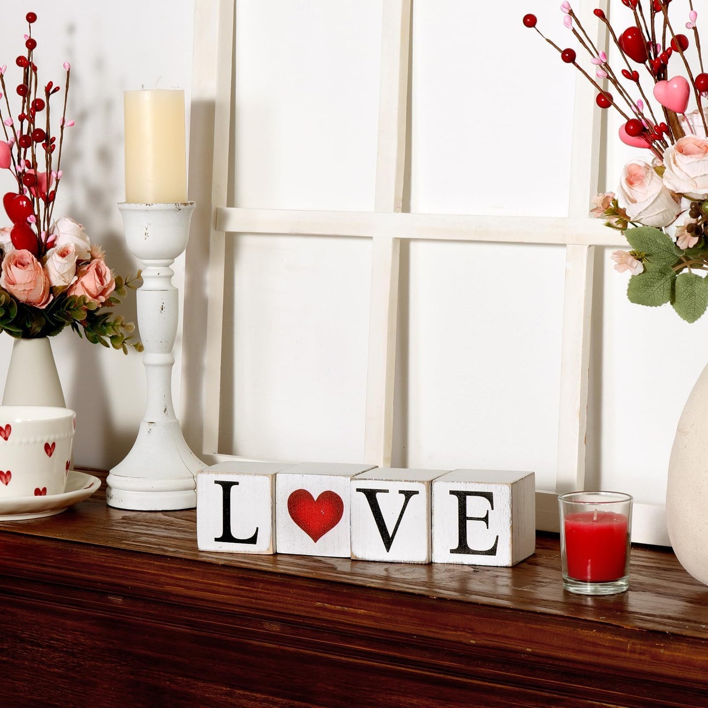 Valentines/St. Patrick’s Day Decorations, 4Pcs Rustic LOVE Wooden Centerpieces Decor Signs, Farmhouse Valentines Galentines Day Decor for the Home Office Table Mantel Shelf Gifts