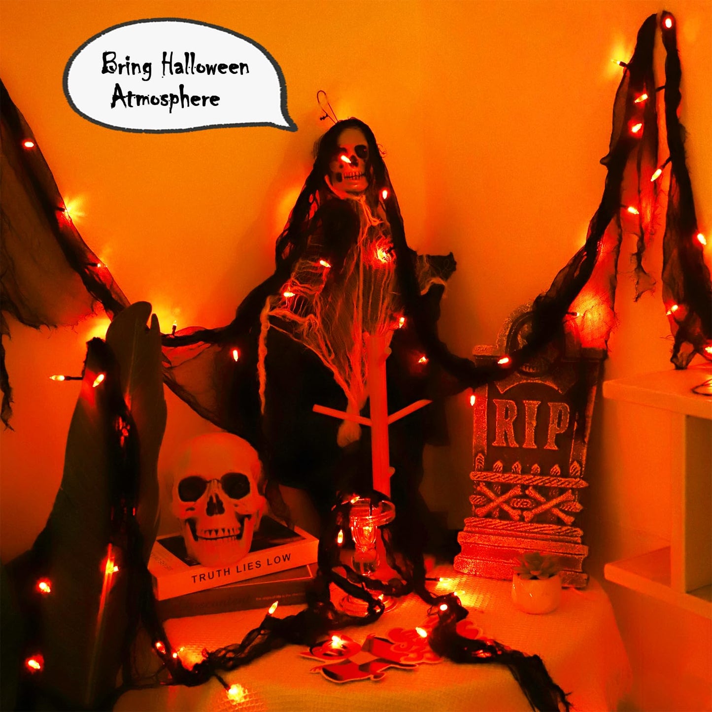 Halloween Decorations String Lights Indoor Battery Operated Powered, 30LED Orange Fairy Lights Timer 8 Mode 9.9Ft, Fall Garland with Black Cloth Gauze, Gothic Party Room Mental Fireplace Decor 1PACK