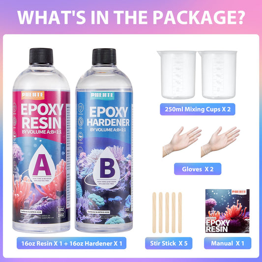 32OZ Epoxy Resin, Crystal Clear, No Yellowing & No Bubbles, Self-Leveling Coating & Casting Resin for Table Tops, Molds, DIY Projects – 1:1 Ratio (16OZ x 2)