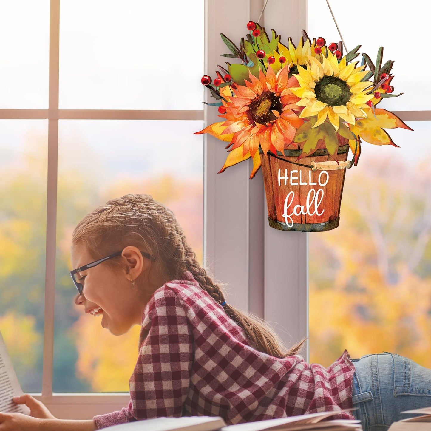 Hello Fall Sign Hello Fall Door Sign Wooden Farmhouse Home Sign with Fall Sunflower for Porch Farmhouse Thanksgiving Autumn Front Door Outdoor Home Decor