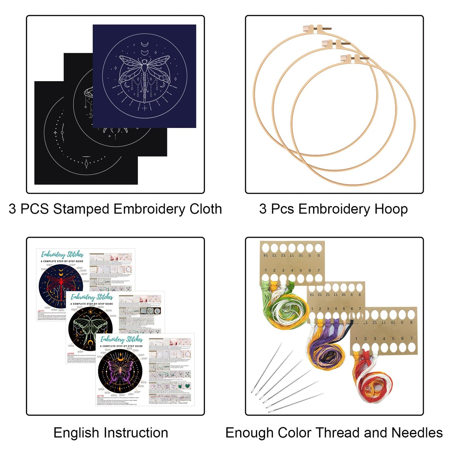 Louise Maelys 3 Set Tarot Embroidery Kits for Beginners with Moon Butterfly Dragonfly and Moth Pattern,Adults Starter Cross Stitch Kit DIY Needlepoint