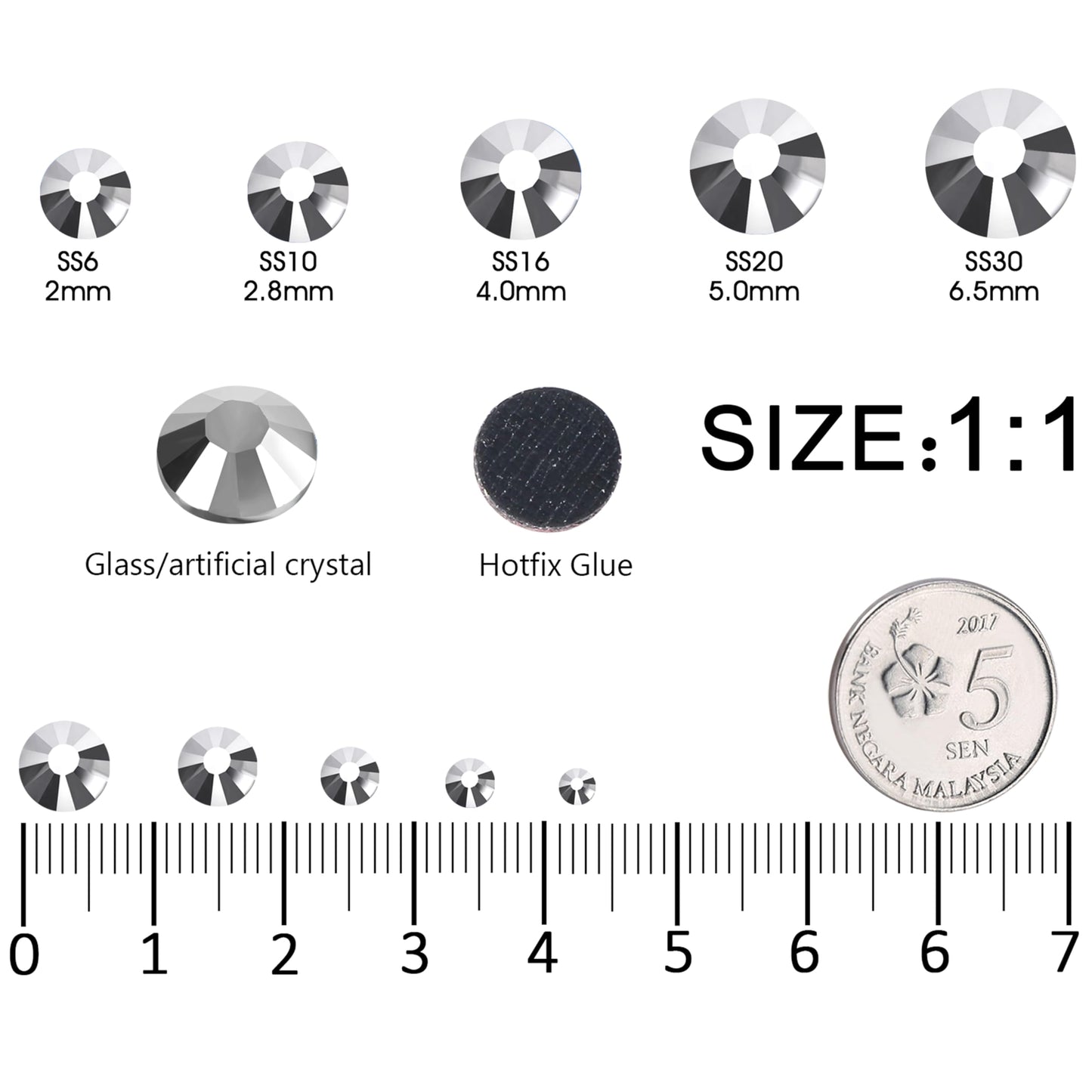 MEIBITE 6796PCS Grey Hematite Hotfix Rhinestones Crystal Stones Glass for Fabric Clothes Shirts Sparkly Flat Back Round with Tweezers and Picking Pen (SS6~SS30 Set)