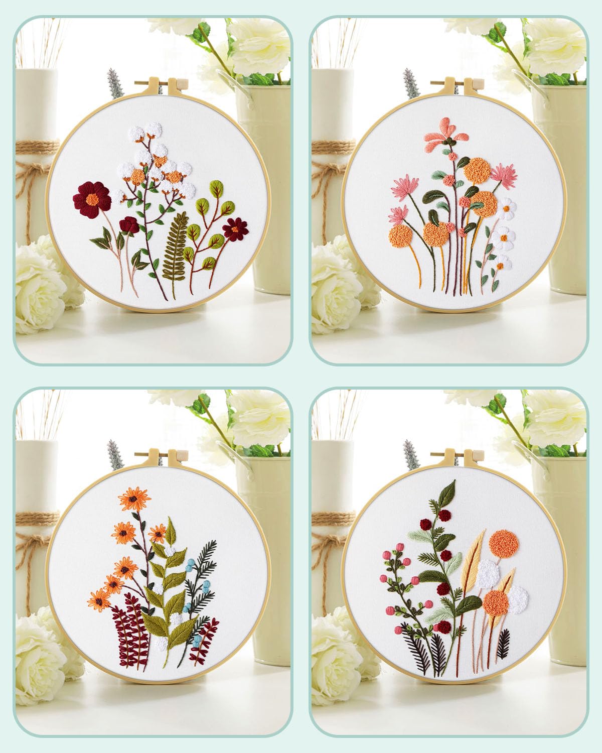 4 Sets Embroidery Kit for Beginners,Hummingbird and Flower Cross Stitch Set for Include Embroidery Cloth Hoops Threads for Craft Lover Hand Stitch (Flowers and Plants)