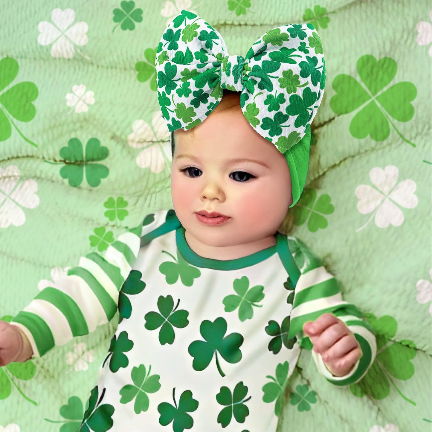 St.Patrick's Day Hair Accessories for Infant Baby Girls, Green Headbands with Bows, Shamrock Print, Nylon Hairbands, 2 Count