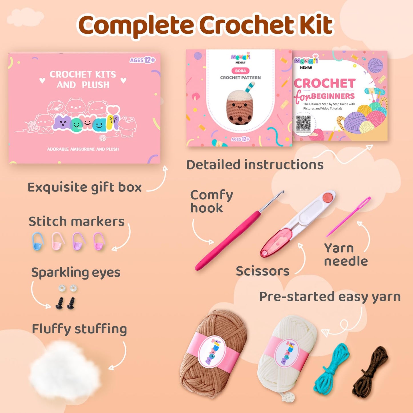 Crochet Kit for Beginners Level 1 with 40% Extra Pre-Started Easy Yarn, Step-by-Step Video Tutorials for Adults and Kids (Boba)