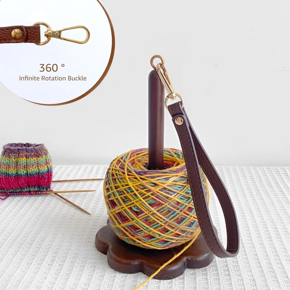 Portable Wrist Yarn Holder for Crocheting and Knitting, Wooden Yarn Ball Minder with Leather Strap, Yarn Spinner Stand for Yarn Storage and Organizer, Crochet Accessories for Beginners and Experts