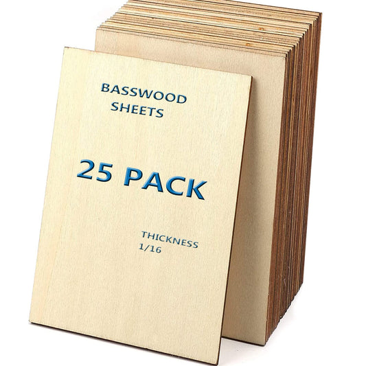 Unfinished Wood Pieces,25Pcs Basswood Sheets 1/16,Thin Plywood Wood Sheets for Crafts,Perfect for DIY Projects, Painting, Drawing, Laser, Wood Engraving, Wood Burning and CNC Cutting(150x100x1.5mm)