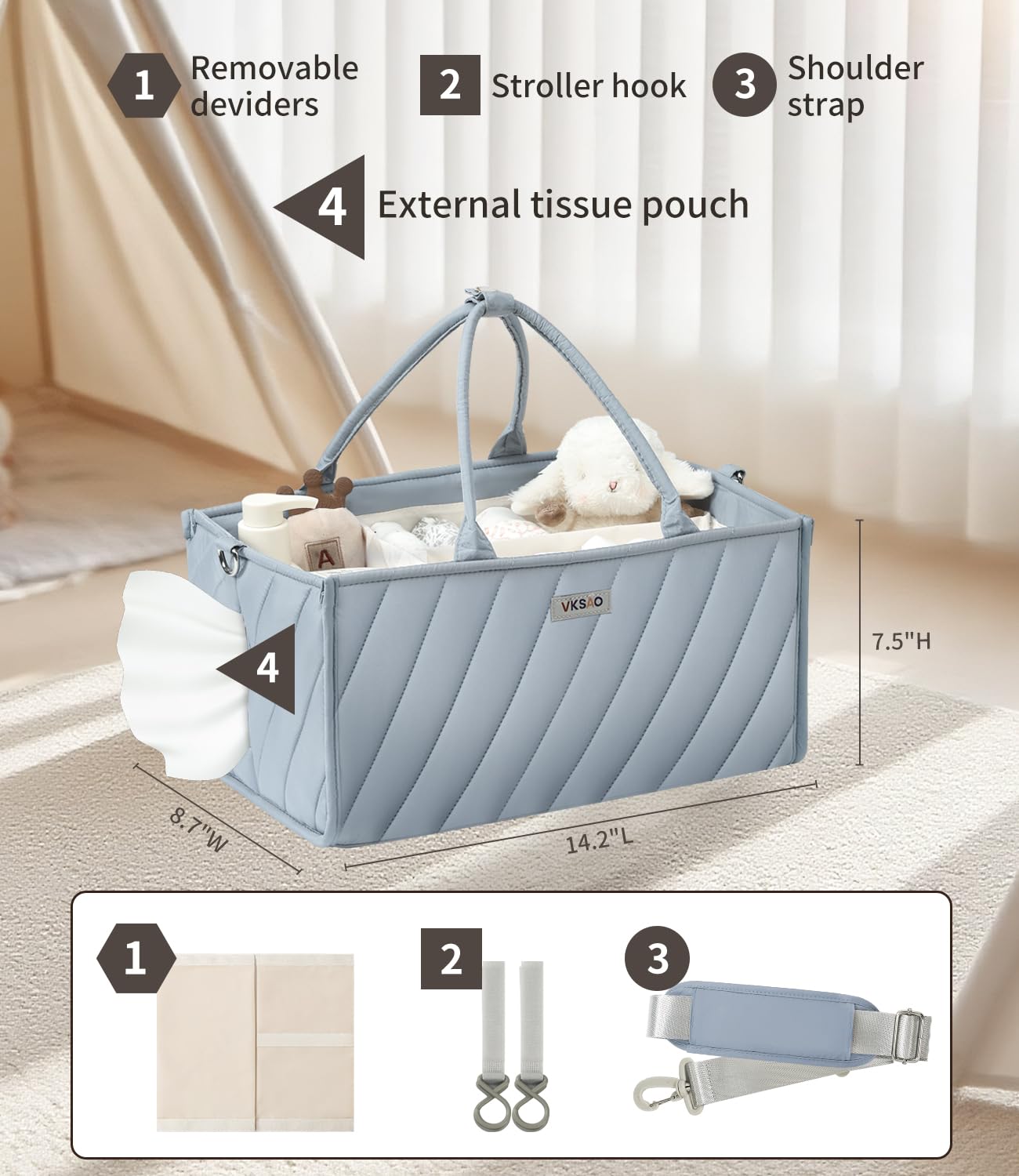 VKSAO Baby Boy Essentials Diaper Caddy Organizer – Portable Storage Basket with Shoulder Strap & Stroller Hooks, Splashproof Quilted Nursery & Car Tote, Baby Gifts for Baby Shower, Classic Blue