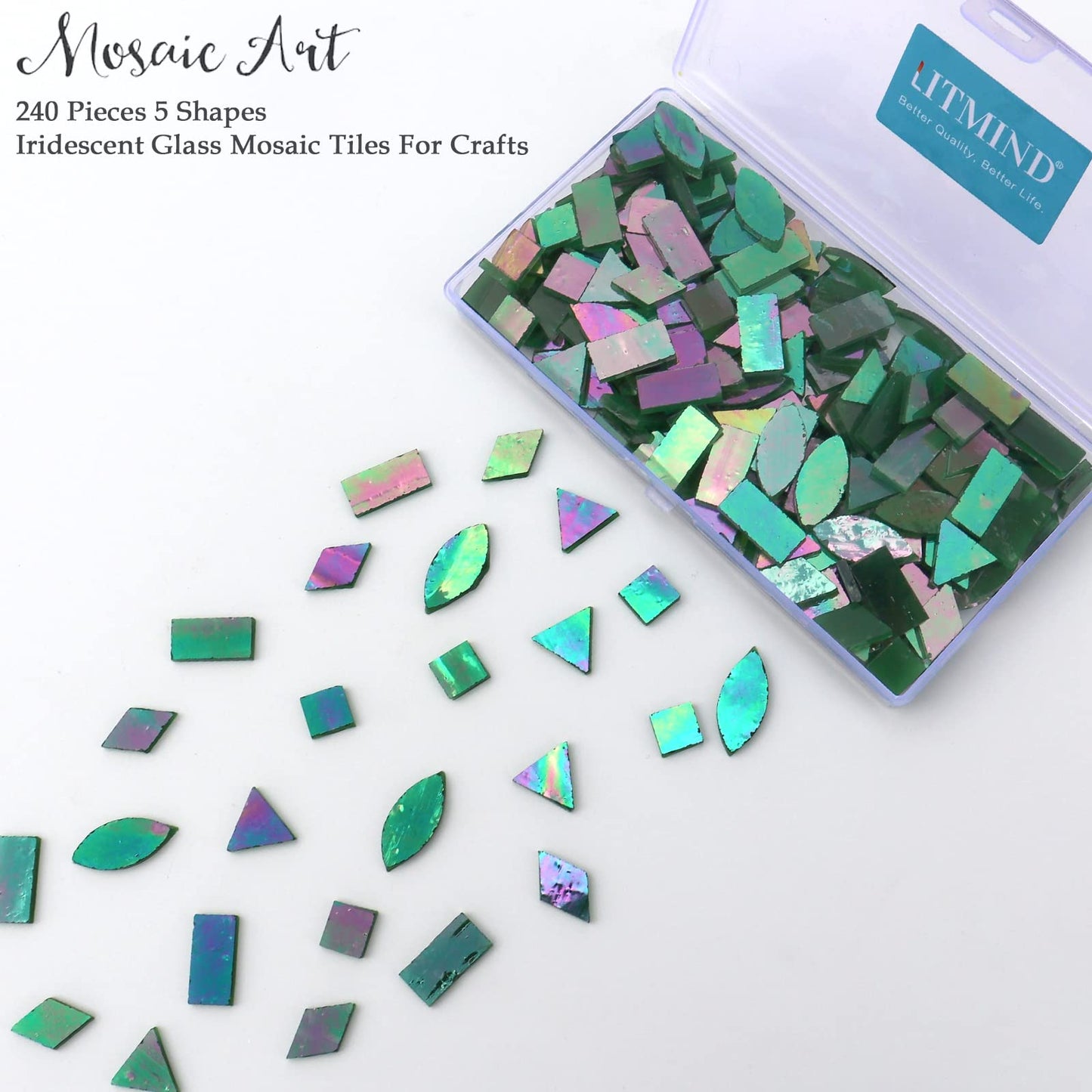 LITMIND Iridescent Glass Mosaic Tiles for Crafts, 240 Pieces 5 Shapes Mixed Green Stained Glass Pieces, Mosaic Kits for Adults (Iridescent Green)