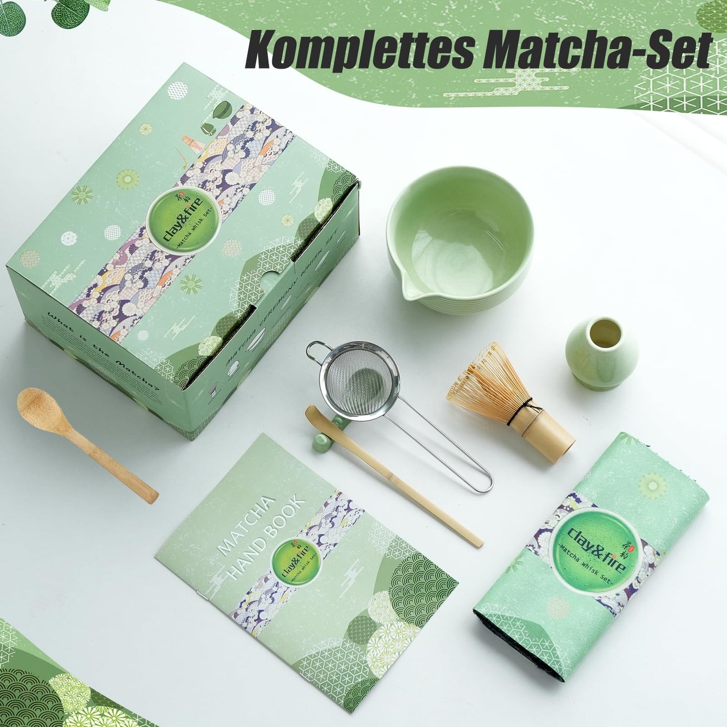 Matcha Whisk Set, Ceramic Matcha Set, Matcha Bowl with Spout and Whisk, 9 pcs Matcha Tea Kit for Matcha Lovers, Ideal Gift Christmas, Birthday (Green)