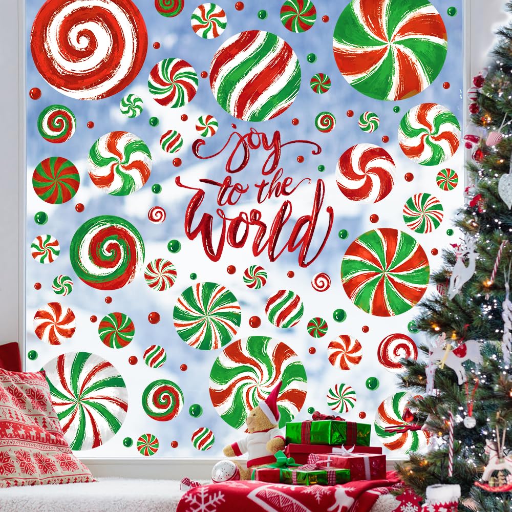 Christmas Window Clings, Candy Window's Clings Decals Oil Painting Christmas Red Green Candy Stickers for Xmas Party Home Office Decor Winter Holiday Glass Window Decoration