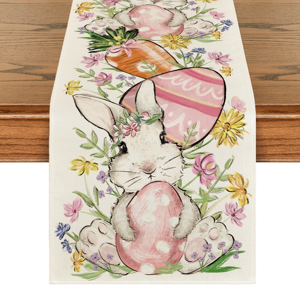 Bunny Rabbit Egg Flower Easter Table Runner, Seasonal Spring Kitchen Dining Table Decoration for Home Party Decor 13x72 Inch