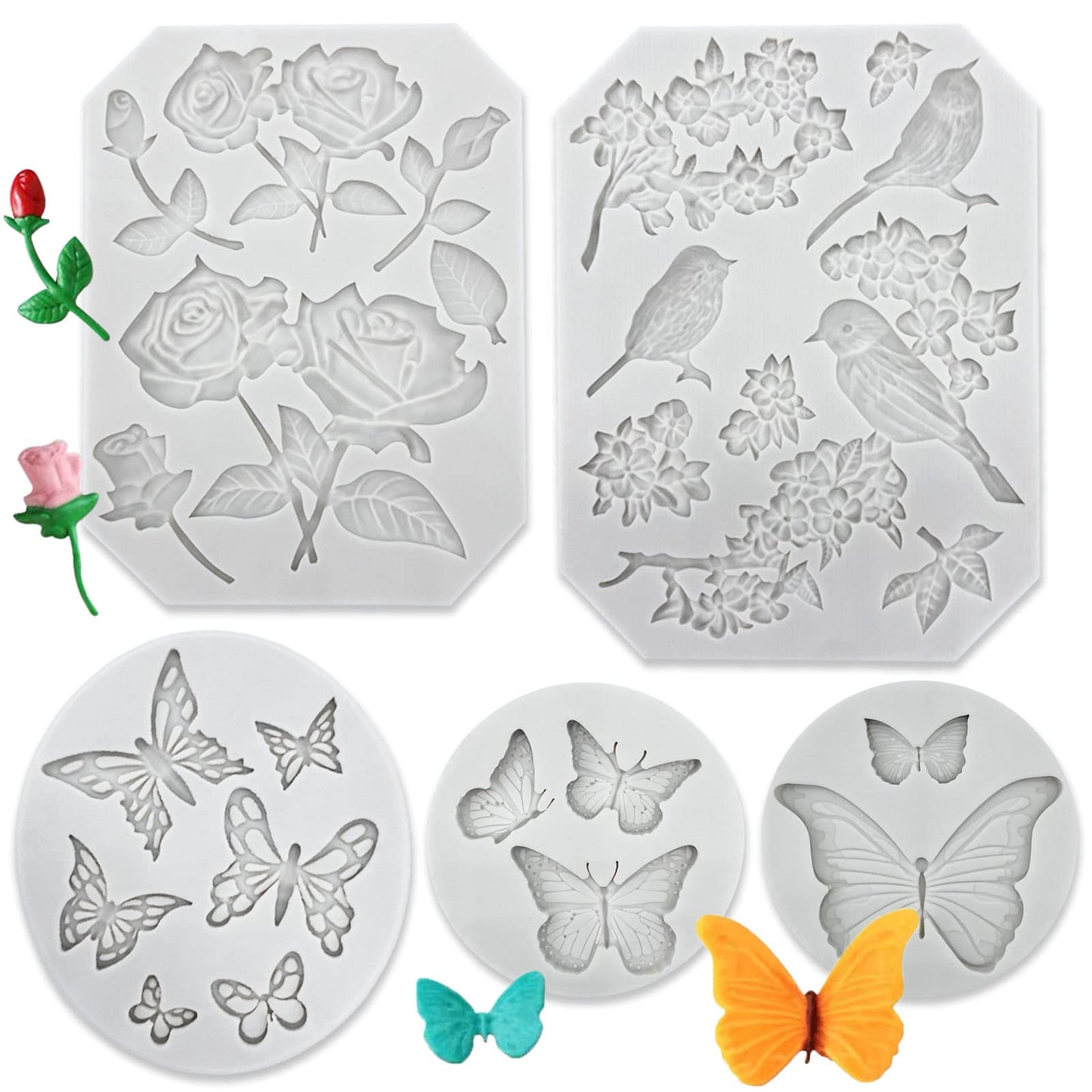 5 Pack Butterfly Rose Flower Stems Birds Blossoms Silicone Fondant Mold, for Making Chocolate Fondant Jelly Polymer Clay Soap Crafting DIY Projects and Cake Decoration