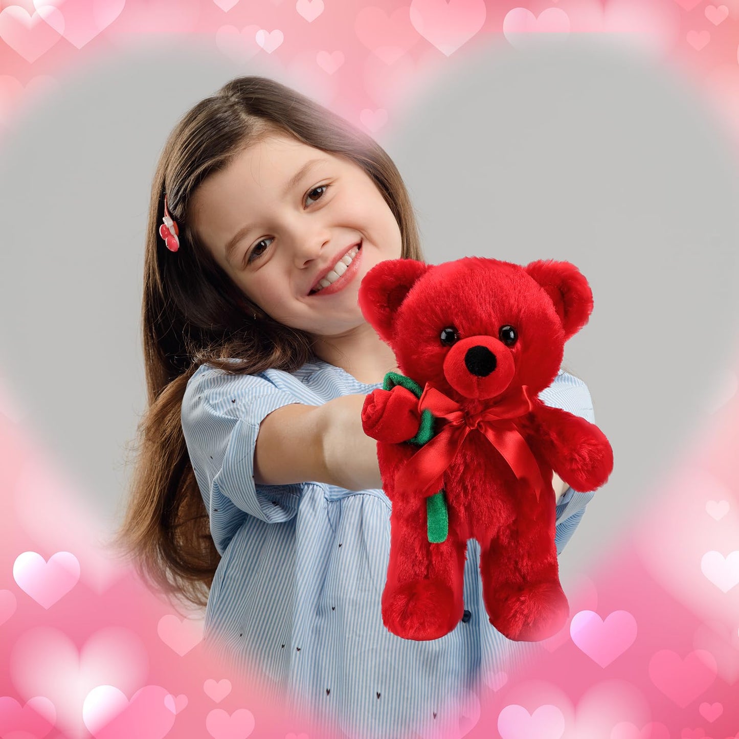 Valentine Bear Stuffed Animal Gift with Rose Funny Cute Bear Plush Stuffed Animal for Kids Toddler Mother Girlfriend Valentine Birthday Wedding, 11.8 Inches(Red)