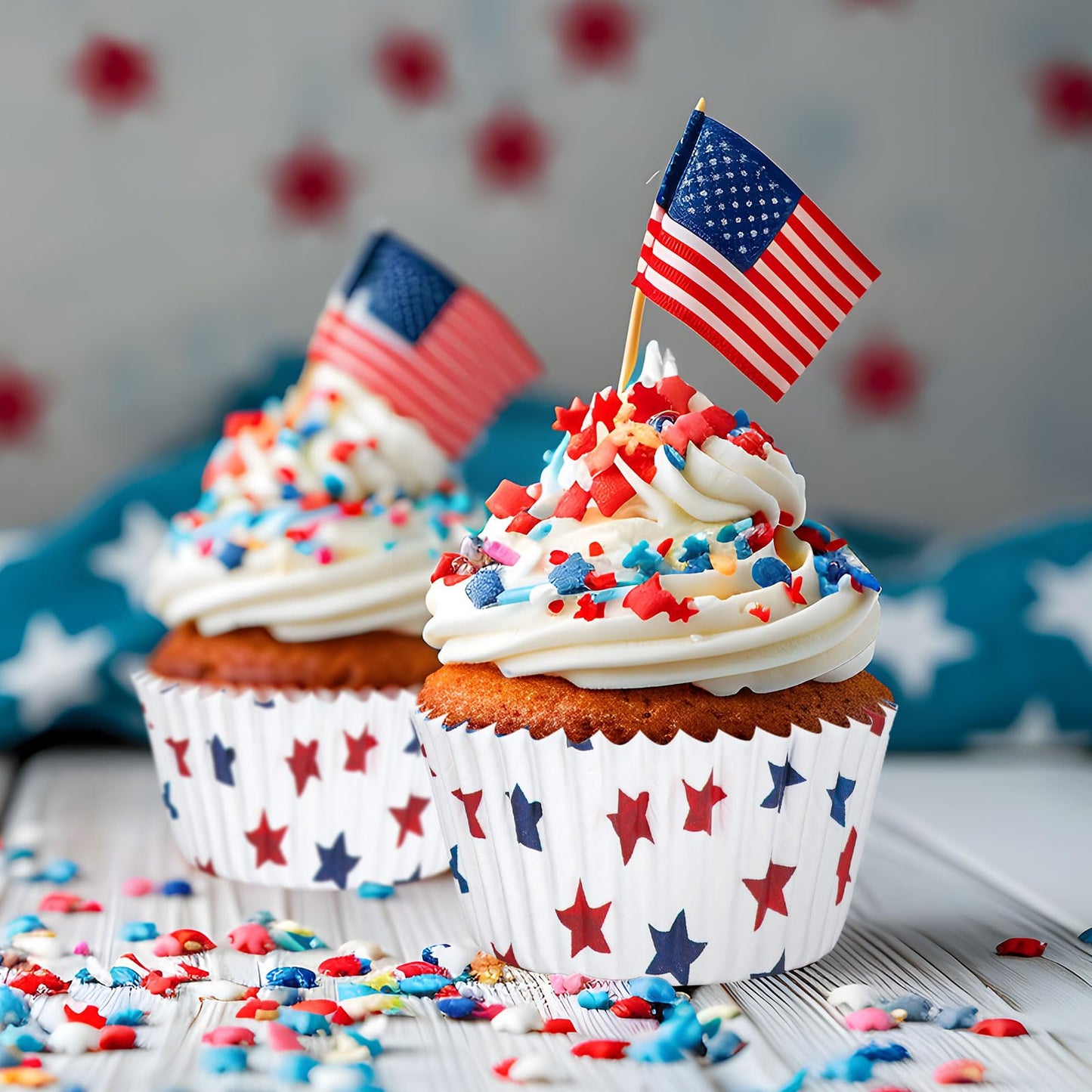 JarThenaAMCS 300Pcs Patriotic July 4th Cupcake Liners Red Blue Stars Paper Baking Cups Independence Day Standard Muffin Cupcake Wrappers for 250th Anniversary Memorial Day Party Supplies Table Decor