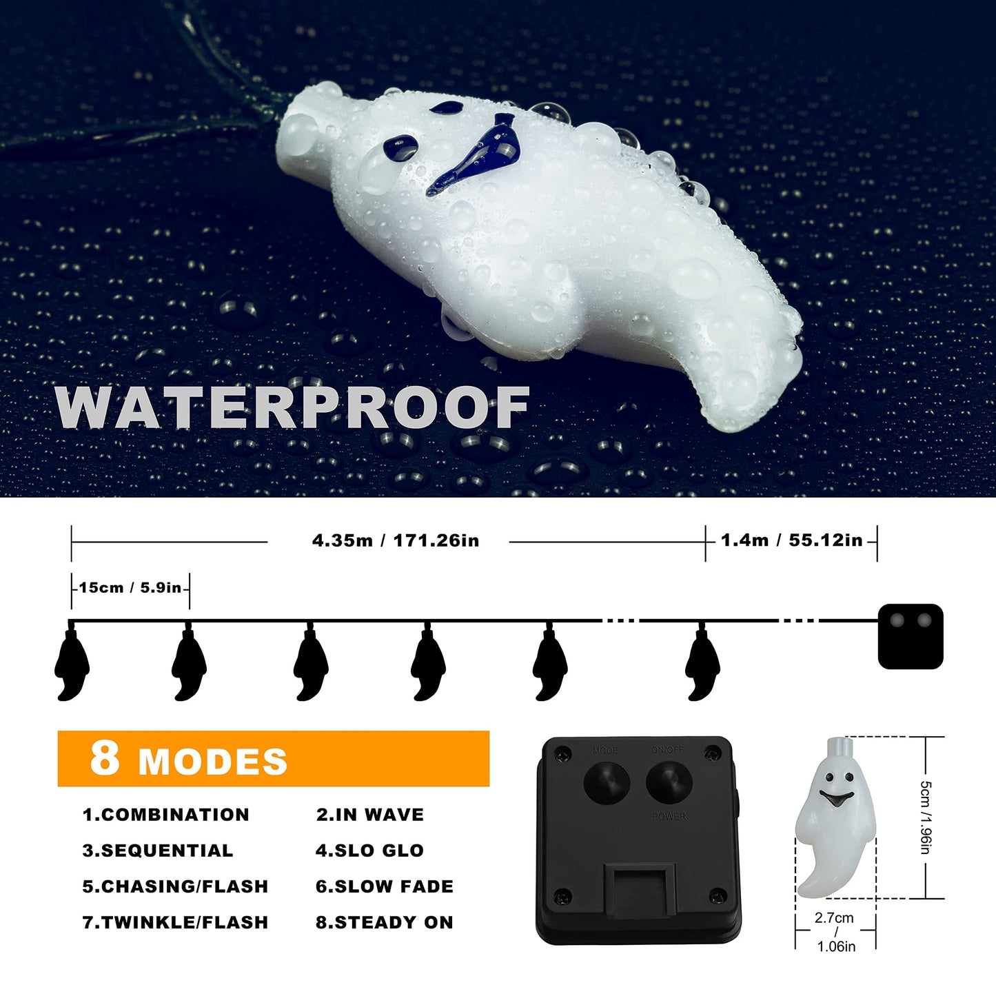 YOUNGAR Halloween Decor Lights,Solar Ghost Lights,2PACK 20ft 30 LED with 8 Modes Waterproof Solar String Lights,Outdoor Fairy Lights for Patio,Garden,Gate,Yard,Halloween Christmas(2Pack,Ghost)