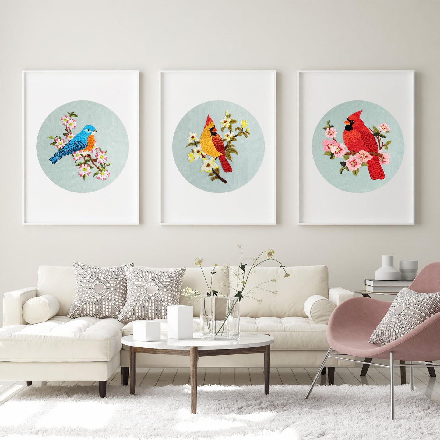 3 Sets Bird Embroidery Kits for Beginners,Adults Starter Flower Pattern Cross Stitch Kit DIY Needlepoint Kits with Embroidery Instructions