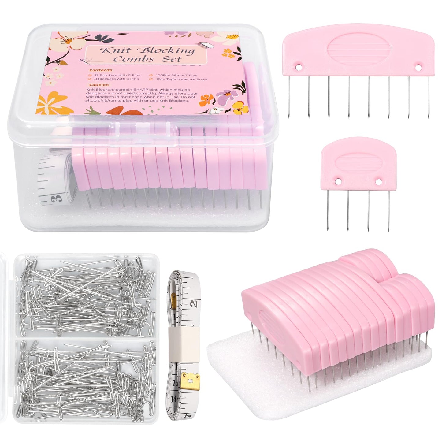 120 Pcs Knit Blocking Combs Pins Kit, 20Pcs Pink Color Knit Blockers Pins Kit, 100 T-pins for Blocking Knitting Crochet, Needlework Projects, Knitting Block Pins Tool for Blocking Mats