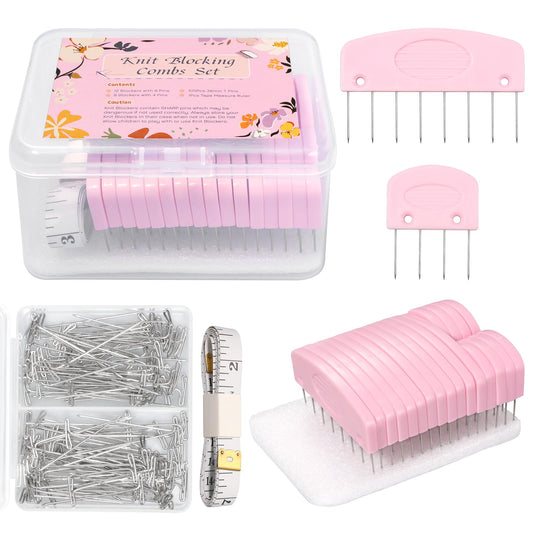 120 Pcs Knit Blocking Combs Pins Kit, 20Pcs Pink Color Knit Blockers Pins Kit, 100 T-pins for Blocking Knitting Crochet, Needlework Projects, Knitting Block Pins Tool for Blocking Mats