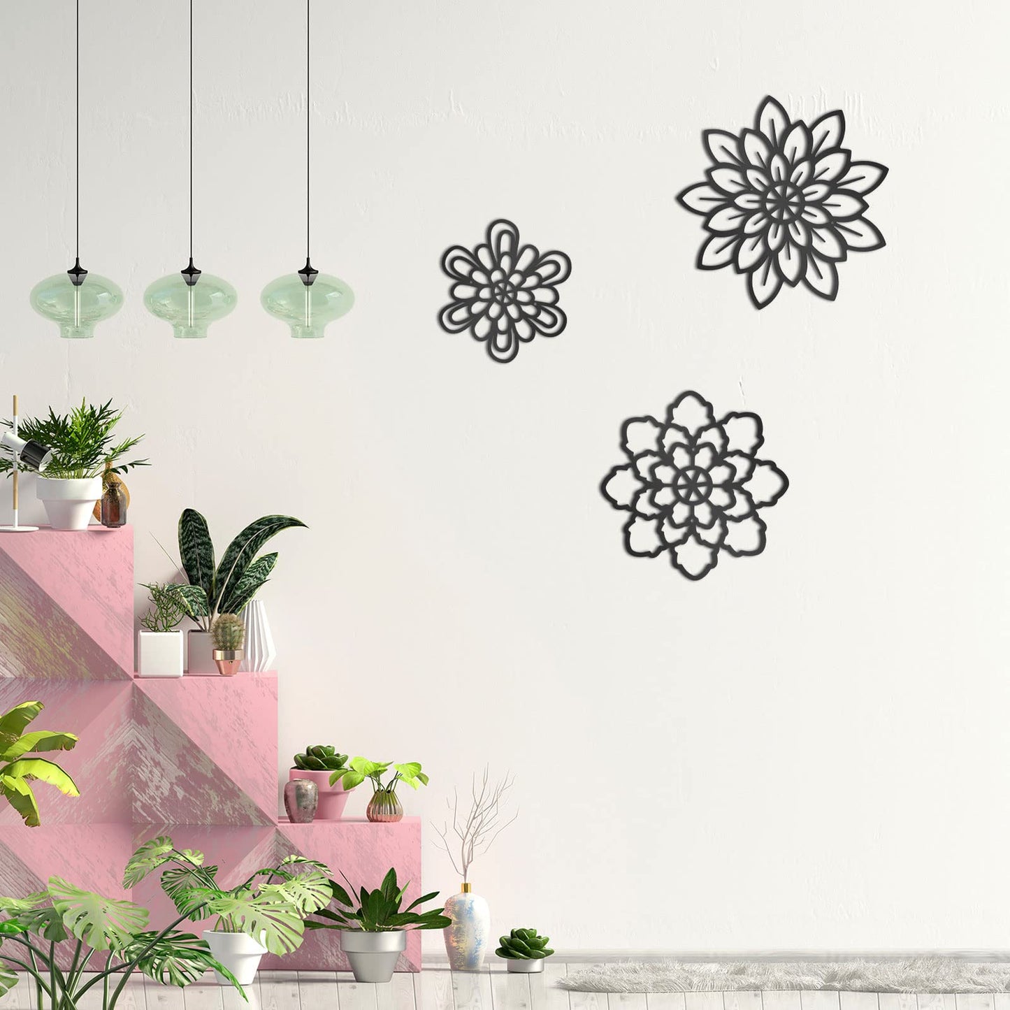 Moxweyeni 3 Pieces Metal Flowers Wall Decoration, Metal Rustic Wall Art Decoration Farmhouse Wall Decorations Multiple Floral Hanging Decoration for Bathroom Home Office(Black, Modern Style)