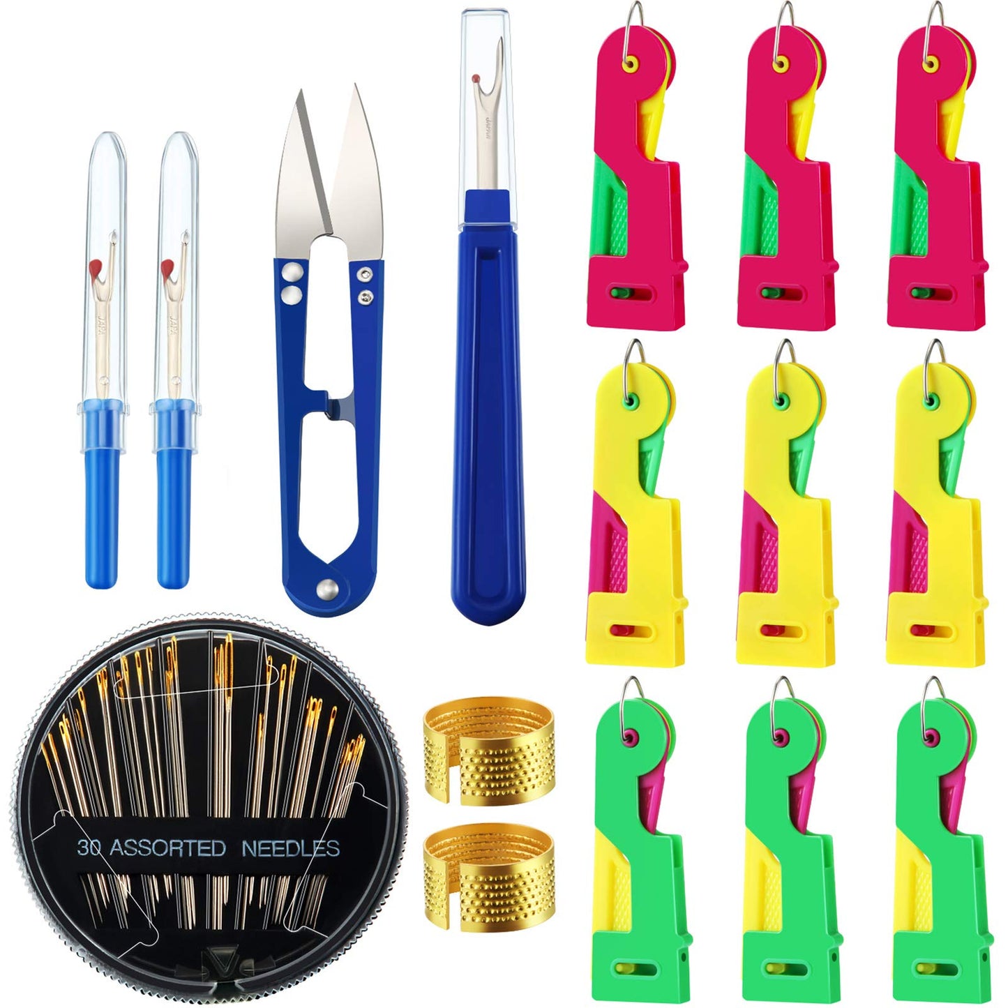 Mudder 46 Pieces Sewing Tools Kit, Includes 9 Automatic Needle Threading Device, 30 Self-Threading Needle, 3 Seam Ripper, 2 Thimble, Sewing Scissor and Velvet Bag
