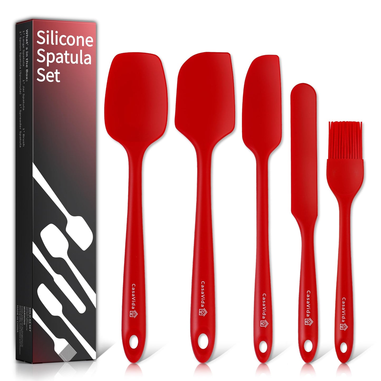 CasaVida Silicone Spatula Set 5pcs Red High Heat Resistant Non Stick Bakery Flexible BPA Free Dishwasher Safe Kitchen Utensils Bakeware Cookware Baking Mixing One-piece Seamless Spatula Set